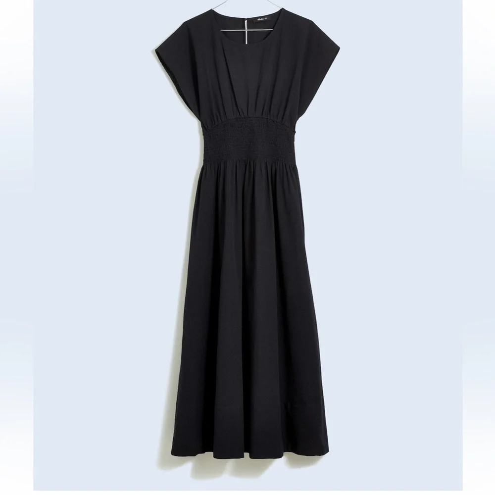 Madewell Smocked Waist Midi Dress Stripe Seersucker Linen Blend Black XS NWT - Picture 5 of 13